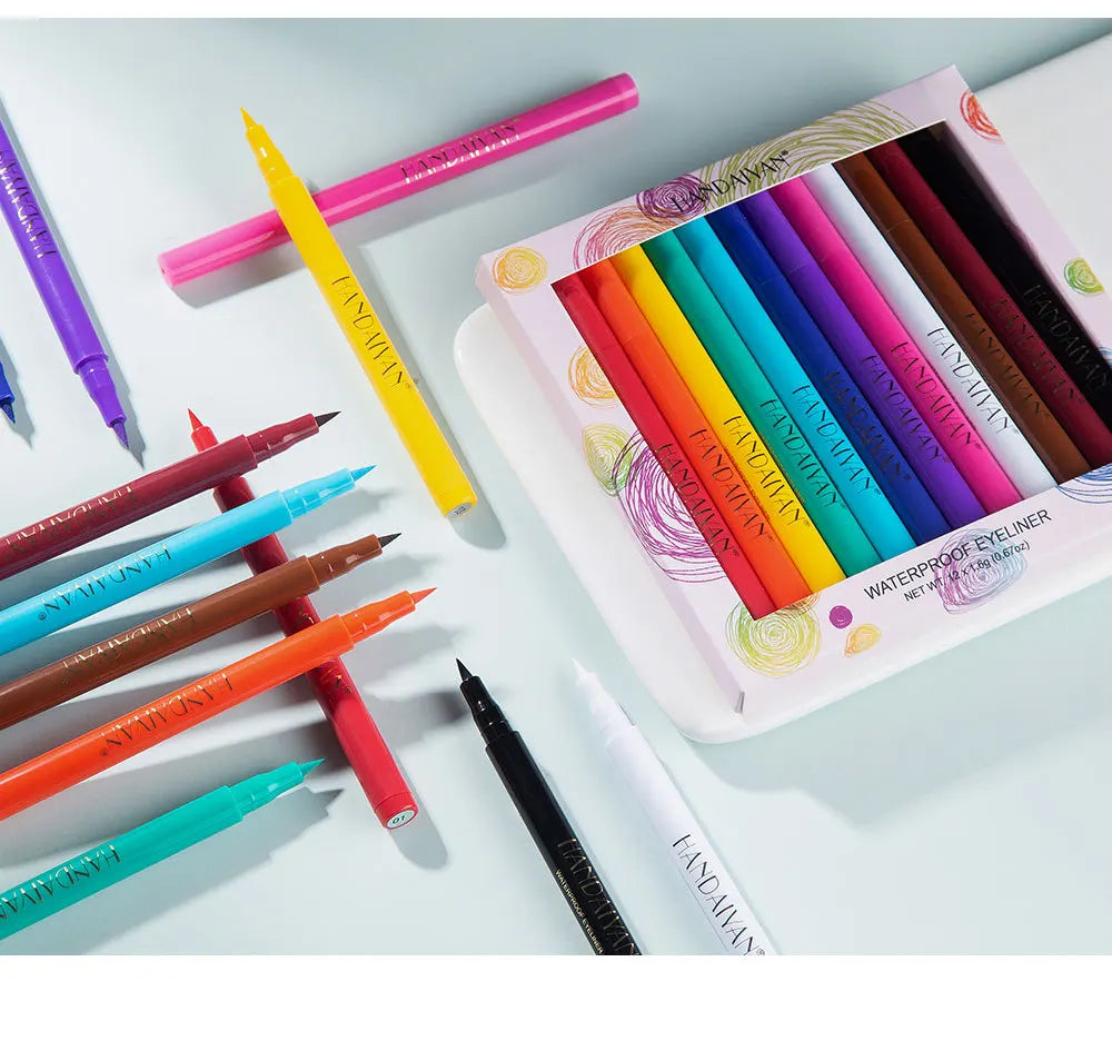 HANDAIYAN 12-Piece Set Matte Colored Eyeliner Pens - Quick-Drying, Non-Smudging Liquid Eyeliner Pens