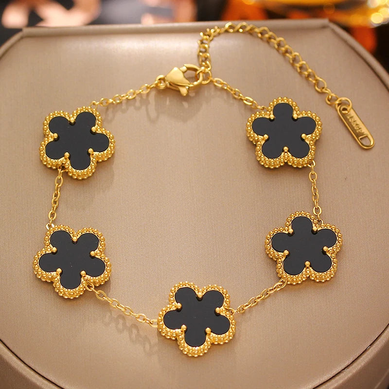 Trendy Lucky Clover Flower Stainless Steel Bracelets For Women Girl Romantic Plant Metal Jewelry Party Birthday Daily Bangles