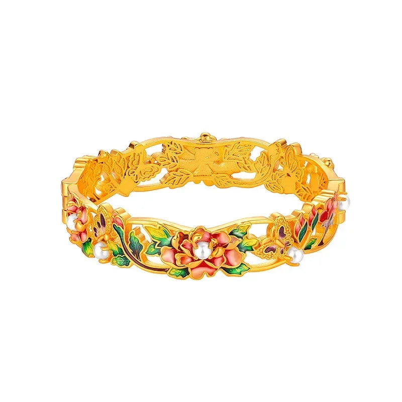 9999 Real 100% Gold 24K Yellow Gold Vintage Enamel Peony Flower Cuff Bracelet for Women Bangles Wedding Fine Jewelry