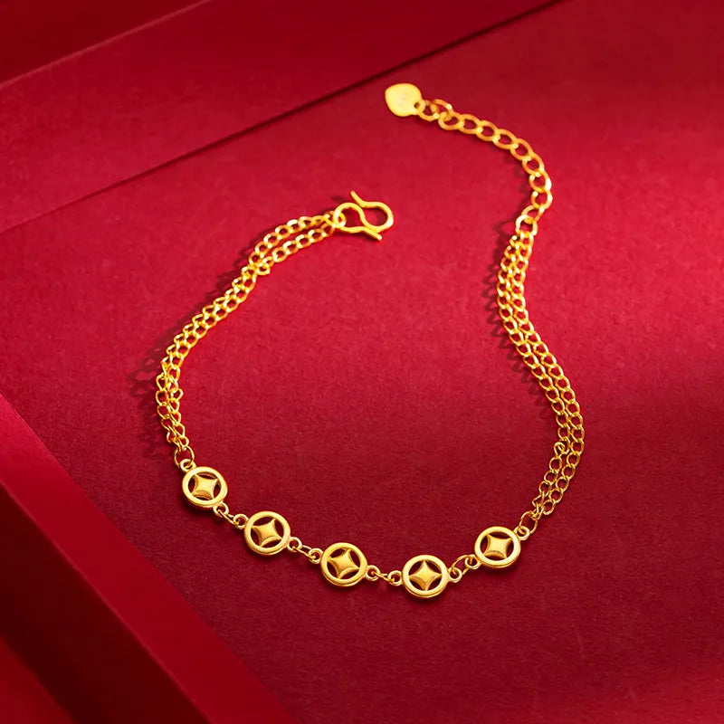 9999 Real Gold 24K Wedding Fine Same Vintage Small Copper Coin Women's Bracelet Fashion Money Bracelet Jewelry