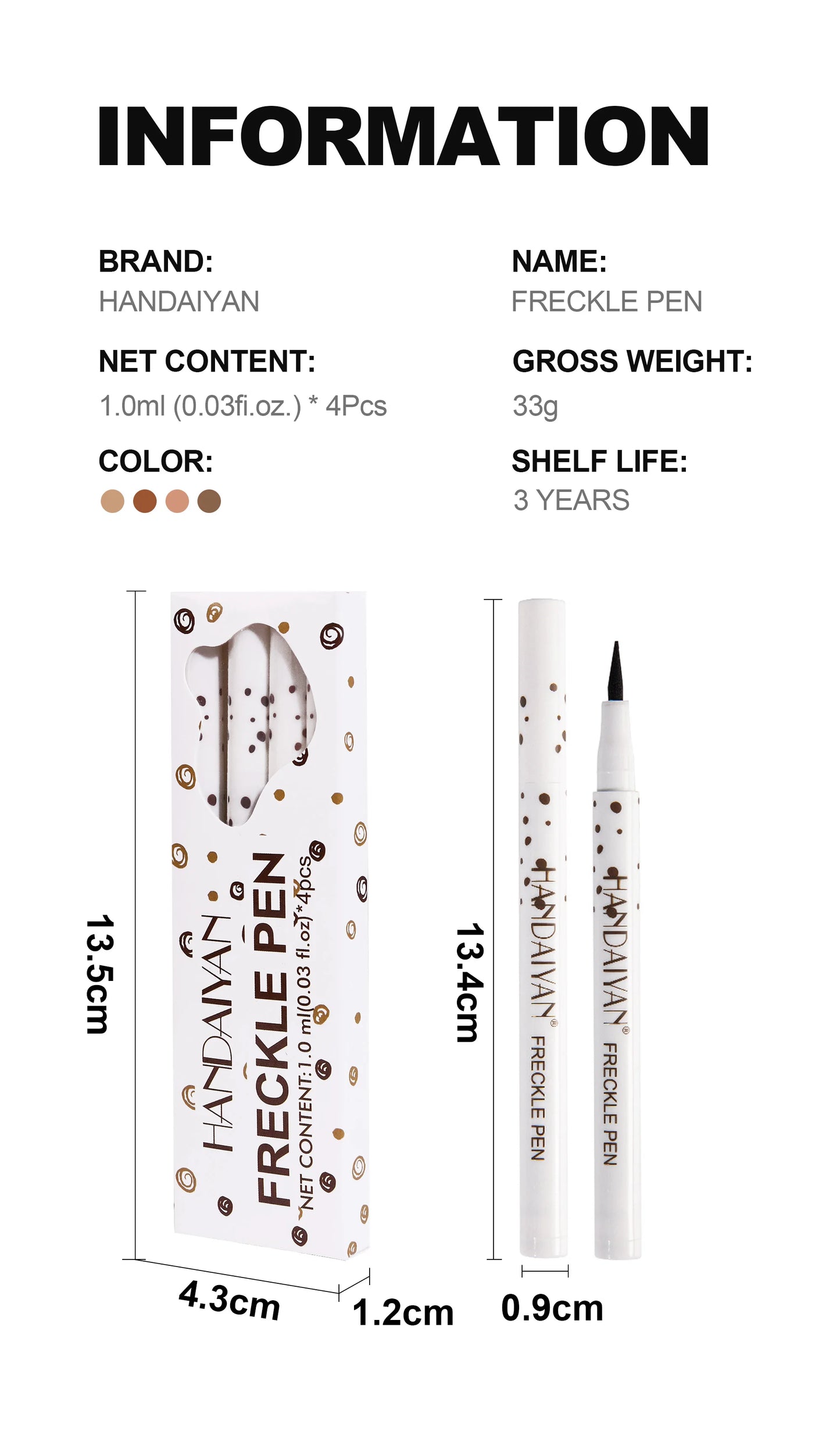 Natural Lifelike Freckle Makeup Pen, Waterproof Long Lasting Quick Dry - Light Brown, Natural Coffee, Chestnut, Dark Brown