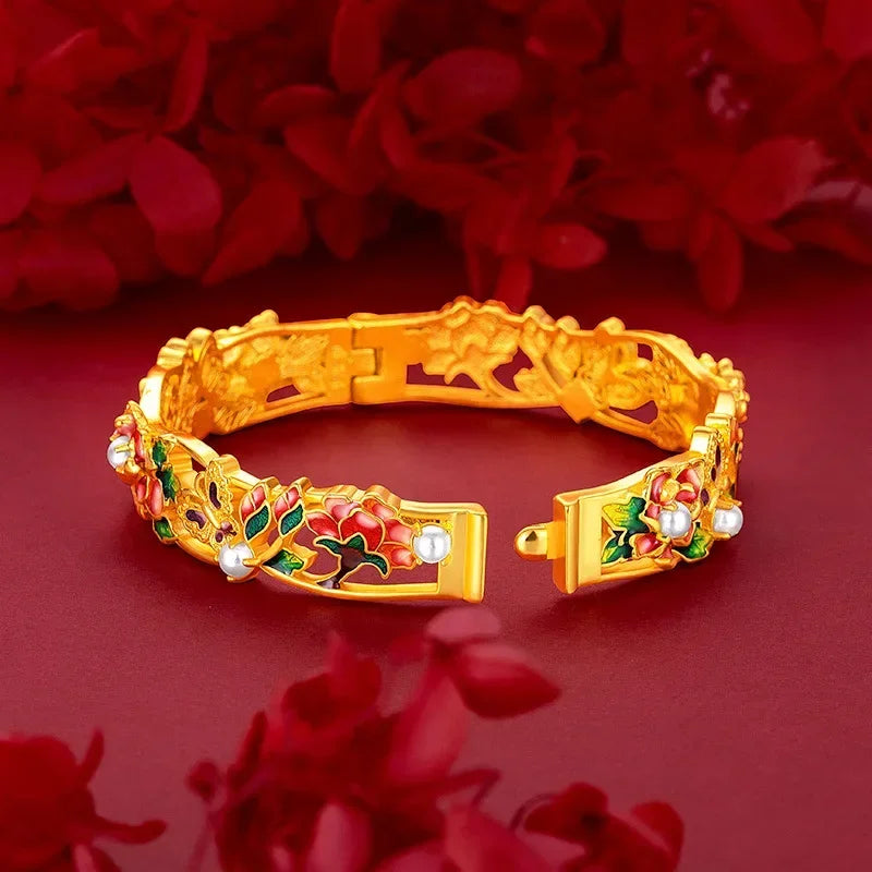 9999 Real 100% Gold 24K Yellow Gold Vintage Enamel Peony Flower Cuff Bracelet for Women Bangles Wedding Fine Jewelry