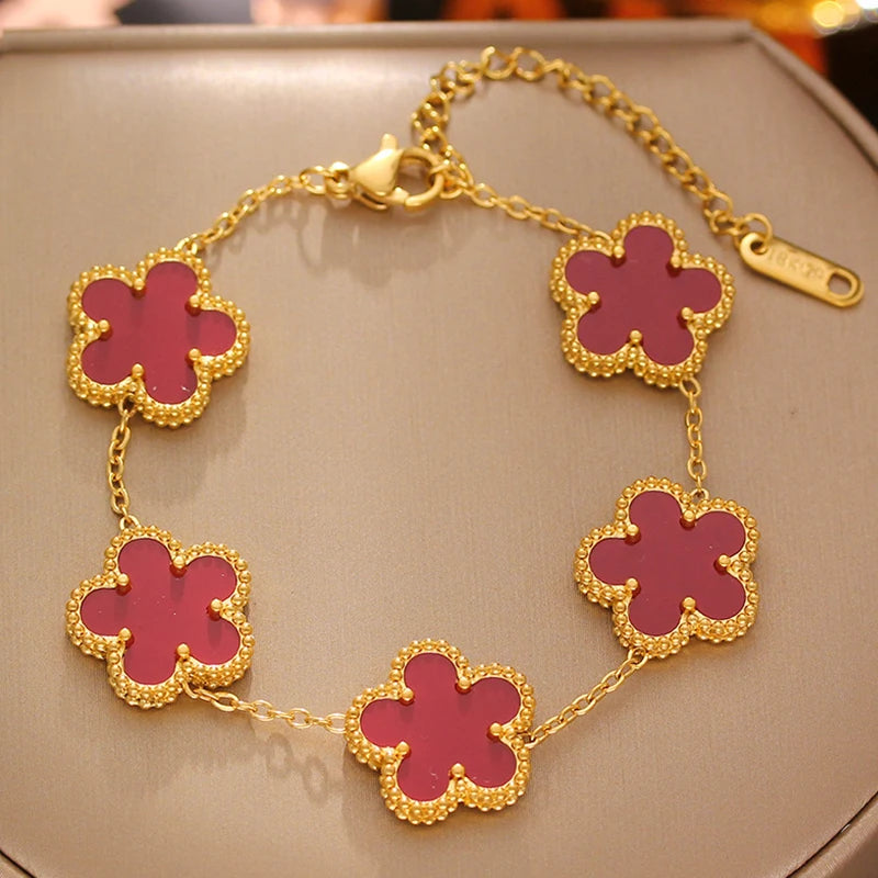 Trendy Lucky Clover Flower Stainless Steel Bracelets For Women Girl Romantic Plant Metal Jewelry Party Birthday Daily Bangles