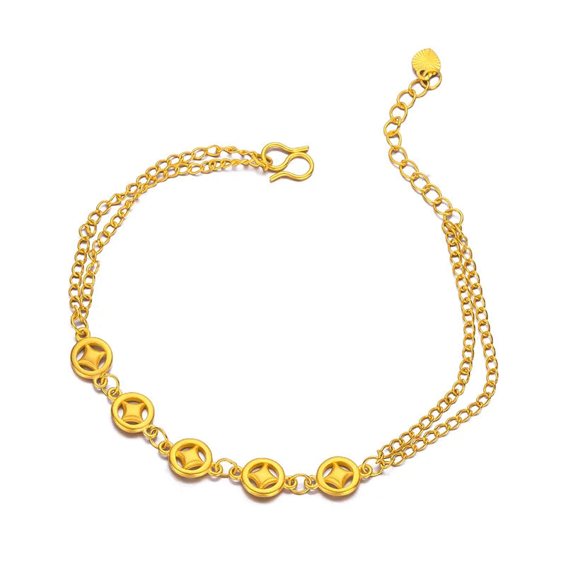 9999 Real Gold 24K Wedding Fine Same Vintage Small Copper Coin Women's Bracelet Fashion Money Bracelet Jewelry