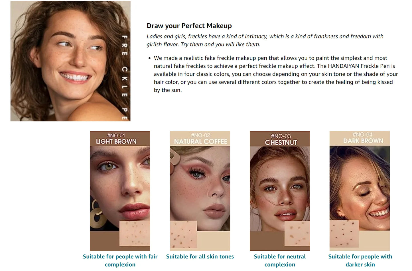 Natural Lifelike Freckle Makeup Pen, Waterproof Long Lasting Quick Dry - Light Brown, Natural Coffee, Chestnut, Dark Brown
