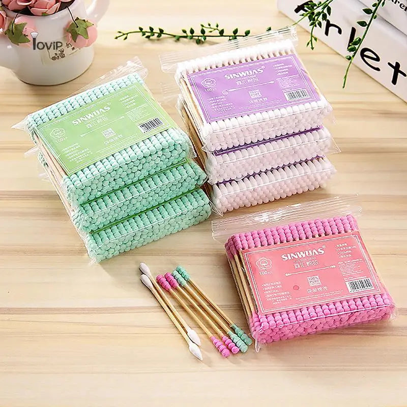 100pcs Pack Double Head Cotton Swab Women Makeup Cotton Buds Tip For Medical Wood Sticks Nose Ears Cleaning Health Care Tools