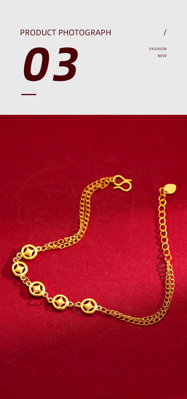 9999 Real Gold 24K Wedding Fine Same Vintage Small Copper Coin Women's Bracelet Fashion Money Bracelet Jewelry
