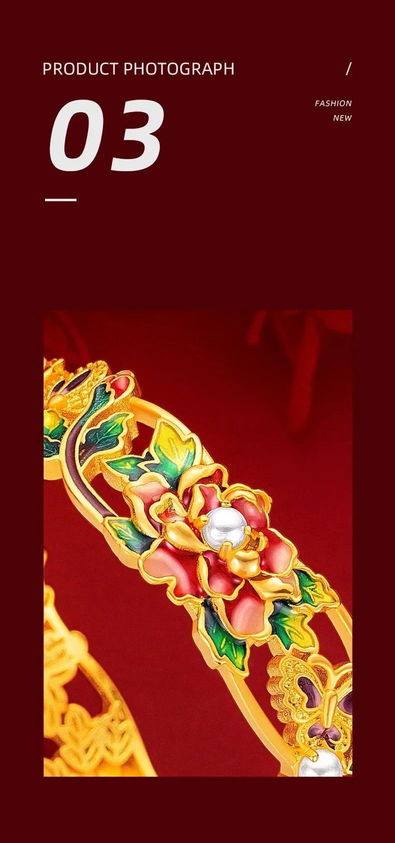 9999 Real 100% Gold 24K Yellow Gold Vintage Enamel Peony Flower Cuff Bracelet for Women Bangles Wedding Fine Jewelry
