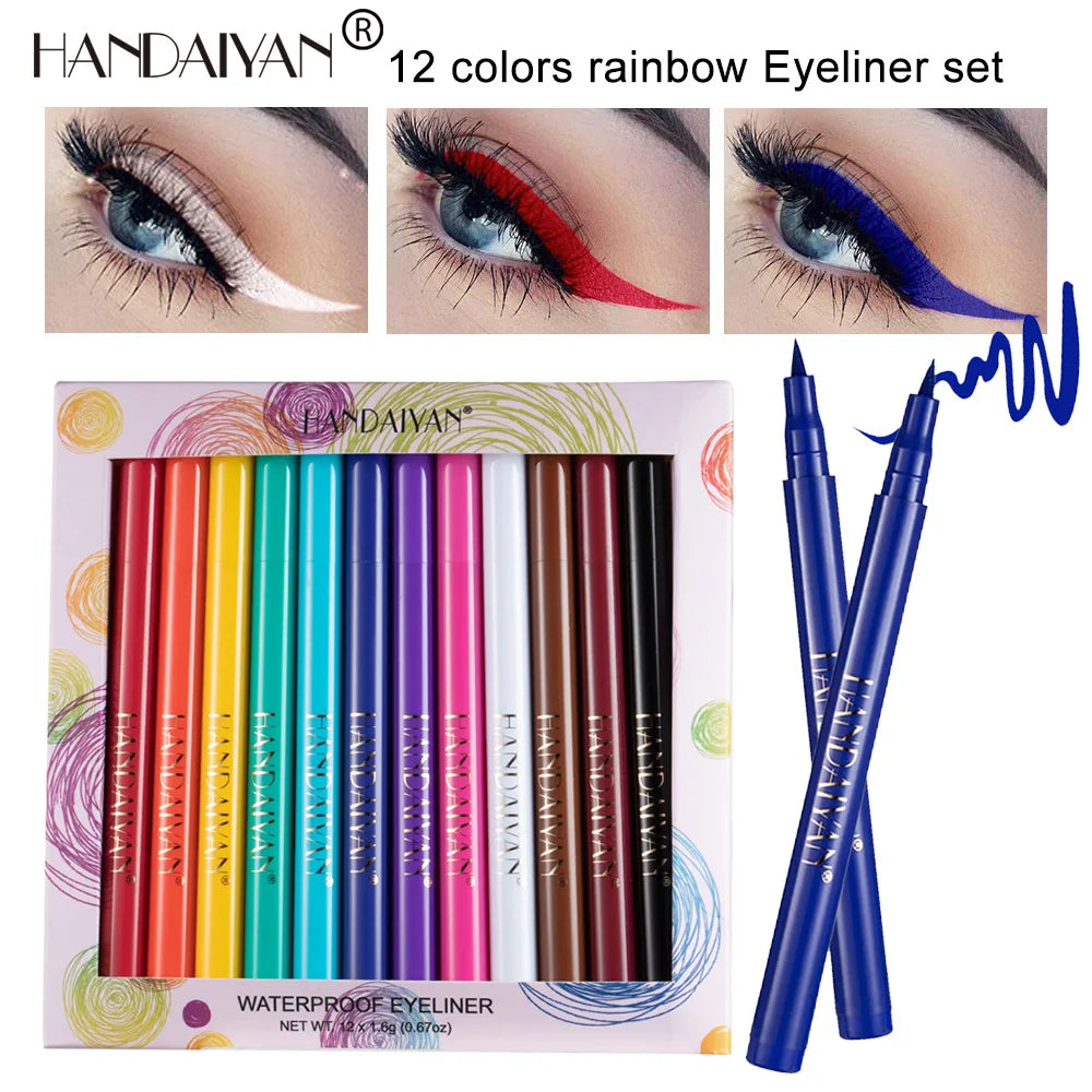 HANDAIYAN 12-Piece Set Matte Colored Eyeliner Pens - Quick-Drying, Non-Smudging Liquid Eyeliner Pens