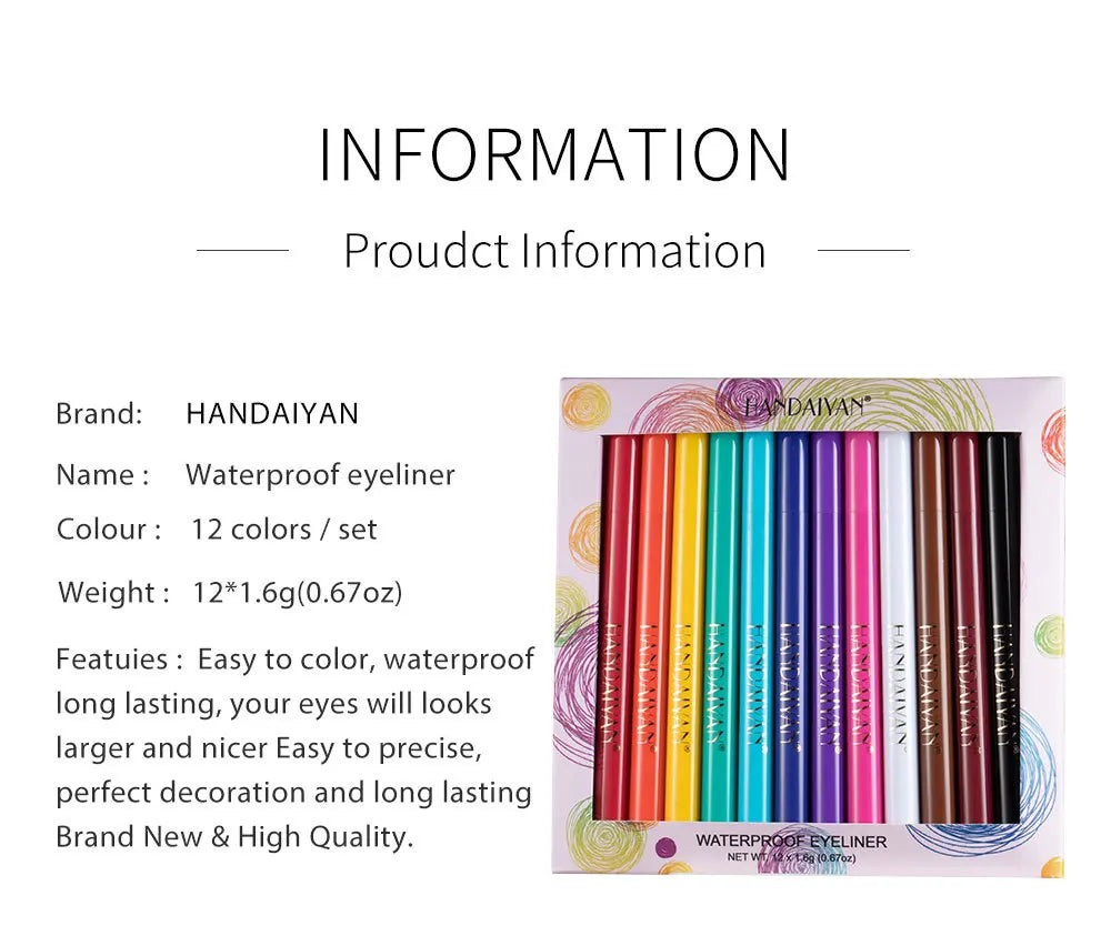 HANDAIYAN 12-Piece Set Matte Colored Eyeliner Pens - Quick-Drying, Non-Smudging Liquid Eyeliner Pens