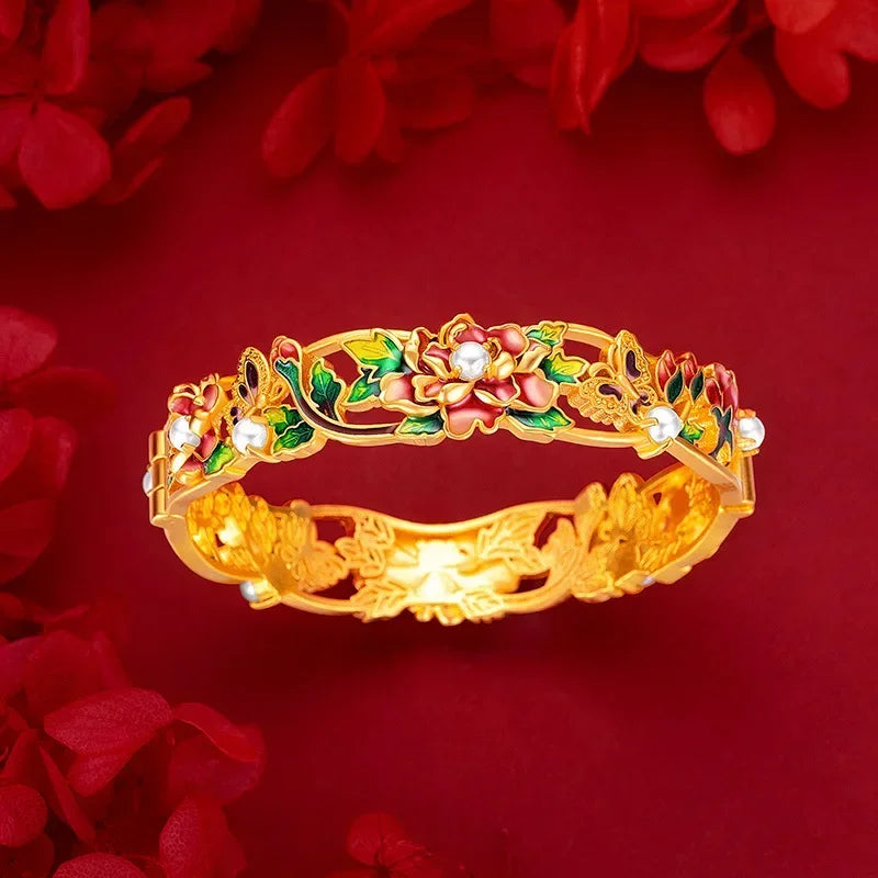 9999 Real 100% Gold 24K Yellow Gold Vintage Enamel Peony Flower Cuff Bracelet for Women Bangles Wedding Fine Jewelry