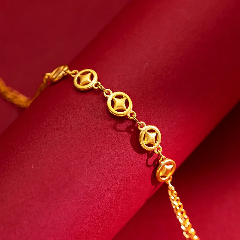 9999 Real Gold 24K Wedding Fine Same Vintage Small Copper Coin Women's Bracelet Fashion Money Bracelet Jewelry