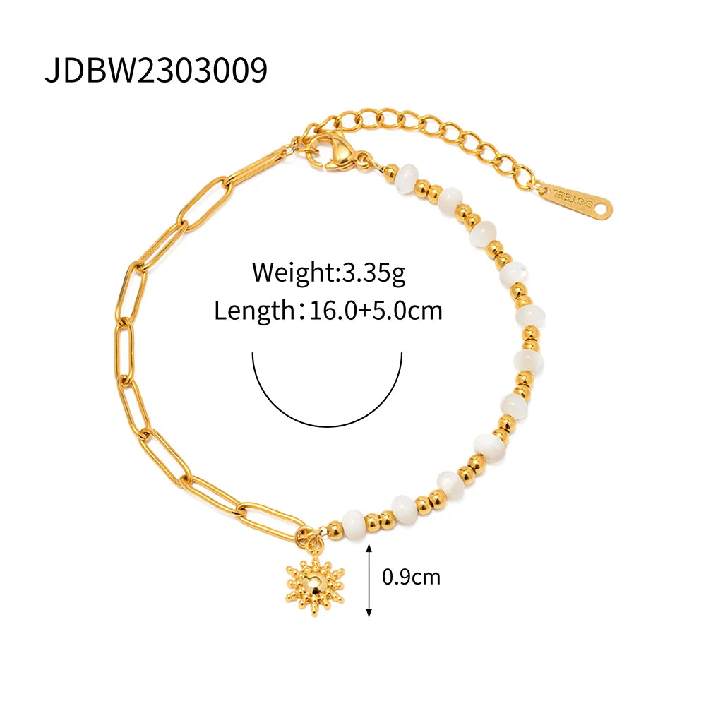 Simple Trendy Stainless Steel Sun Pendant Bracelet For Women Paperclip Chain Stitching Beads Waterproof Jewelry Vacation Gift