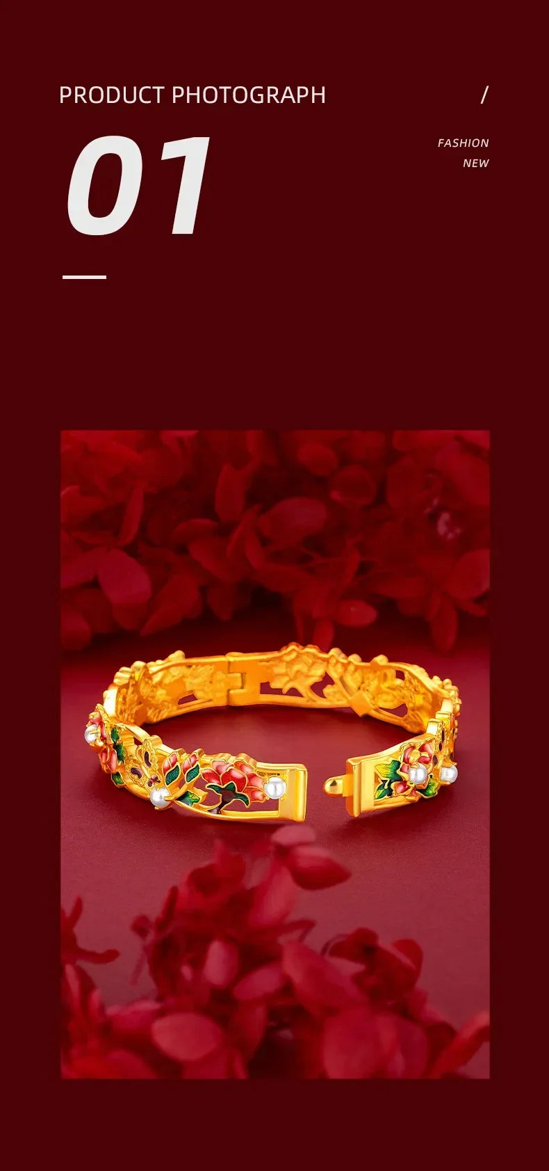 9999 Real 100% Gold 24K Yellow Gold Vintage Enamel Peony Flower Cuff Bracelet for Women Bangles Wedding Fine Jewelry