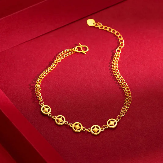 9999 Real Gold 24K Wedding Fine Same Vintage Small Copper Coin Women's Bracelet Fashion Money Bracelet Jewelry