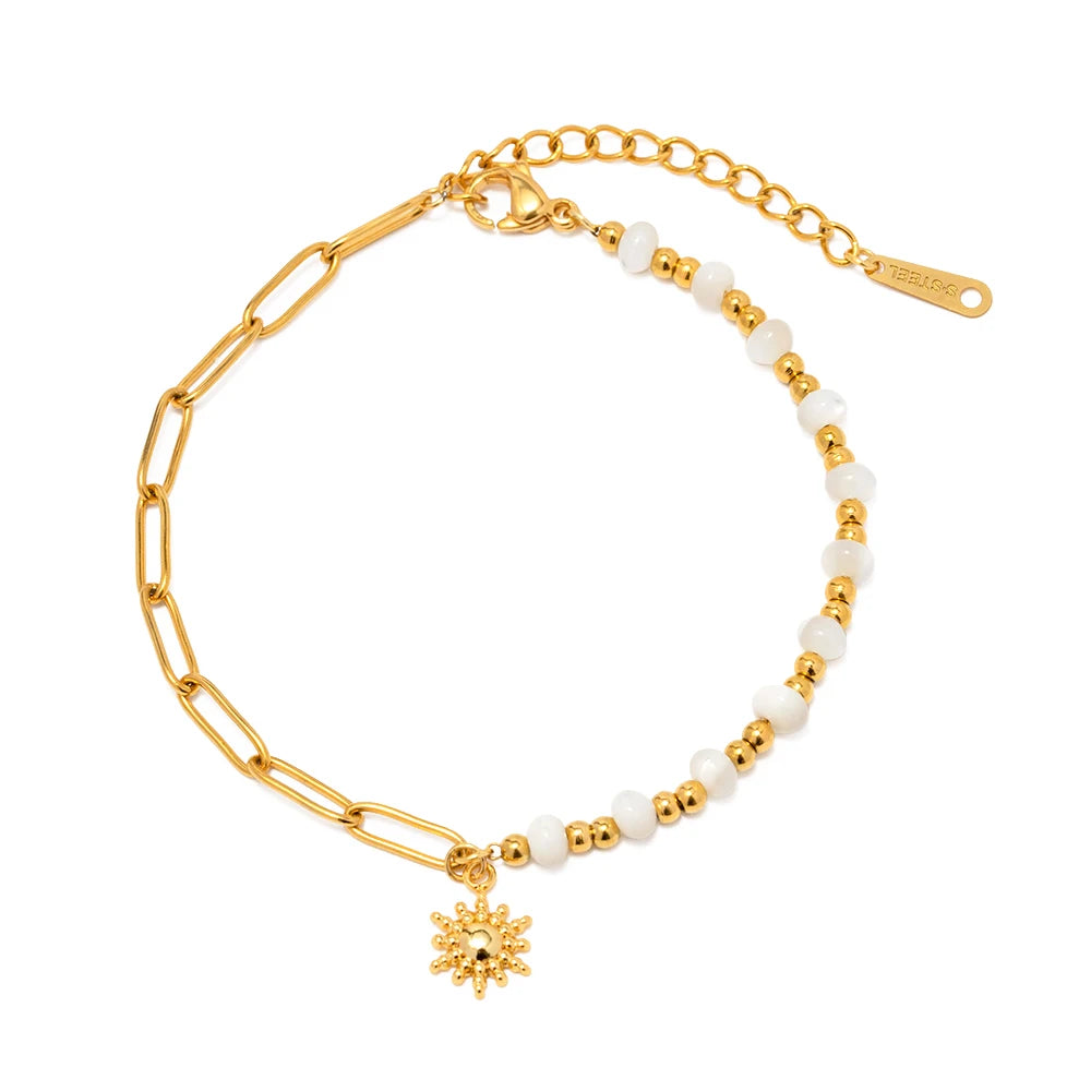 Simple Trendy Stainless Steel Sun Pendant Bracelet For Women Paperclip Chain Stitching Beads Waterproof Jewelry Vacation Gift
