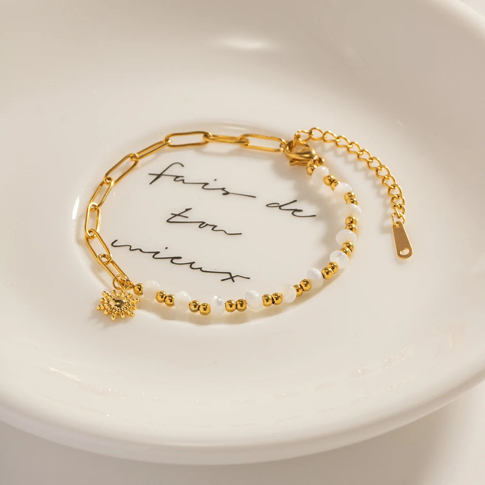 Simple Trendy Stainless Steel Sun Pendant Bracelet For Women Paperclip Chain Stitching Beads Waterproof Jewelry Vacation Gift