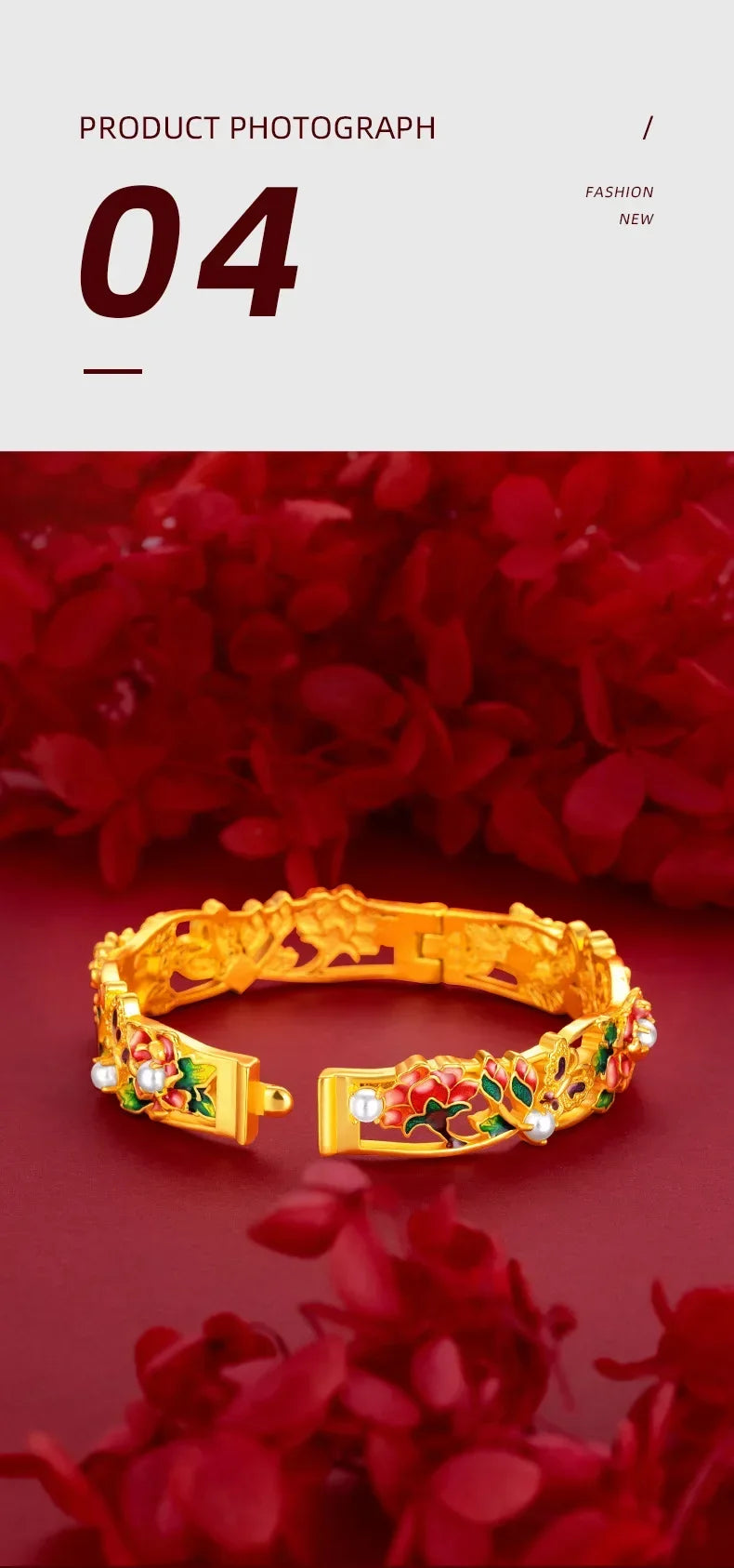 9999 Real 100% Gold 24K Yellow Gold Vintage Enamel Peony Flower Cuff Bracelet for Women Bangles Wedding Fine Jewelry