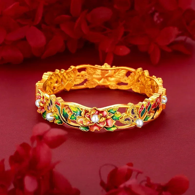 9999 Real 100% Gold 24K Yellow Gold Vintage Enamel Peony Flower Cuff Bracelet for Women Bangles Wedding Fine Jewelry