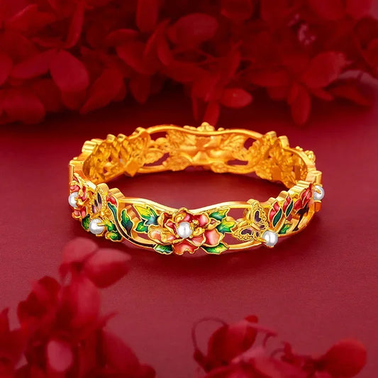 9999 Real 100% Gold 24K Yellow Gold Vintage Enamel Peony Flower Cuff Bracelet for Women Bangles Wedding Fine Jewelry
