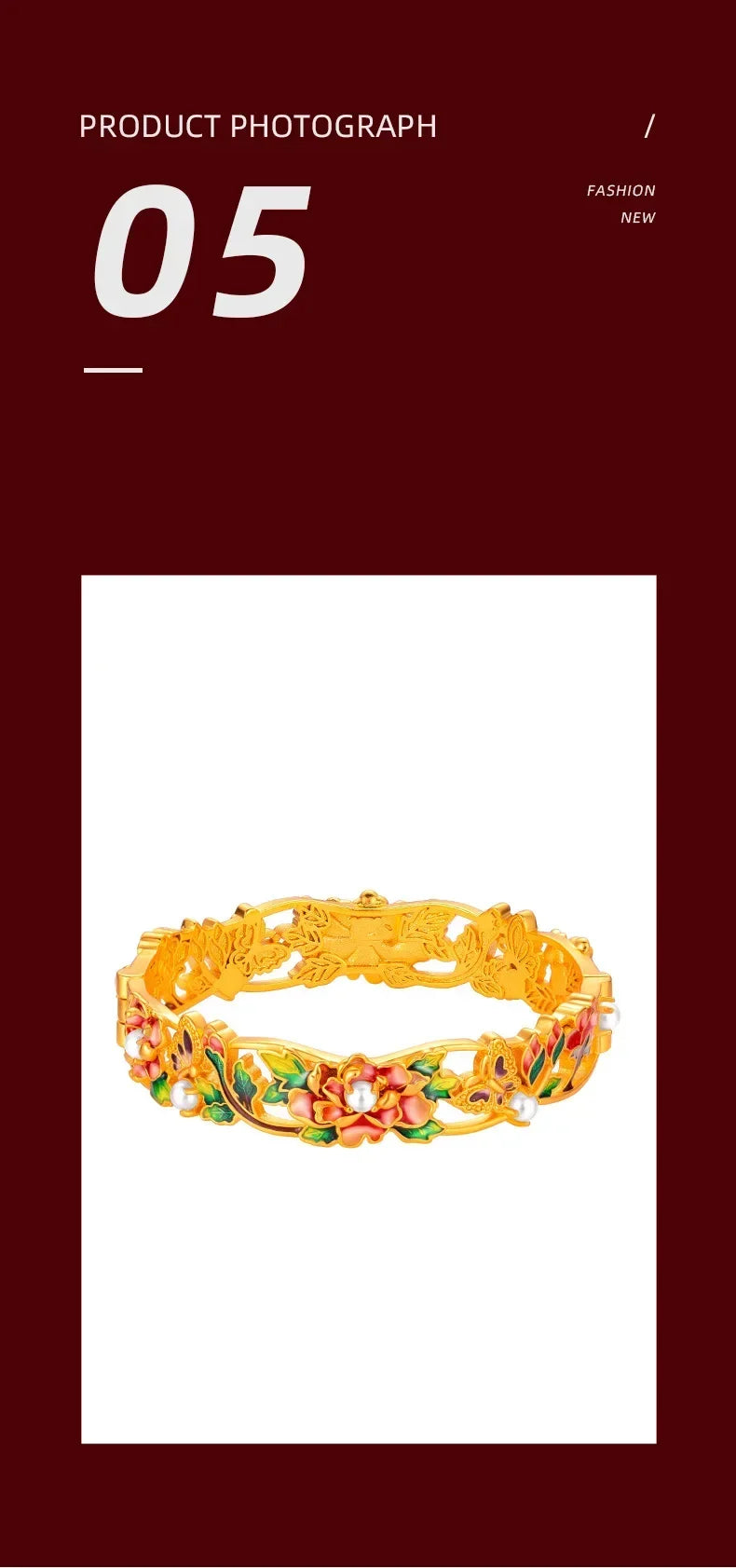 9999 Real 100% Gold 24K Yellow Gold Vintage Enamel Peony Flower Cuff Bracelet for Women Bangles Wedding Fine Jewelry