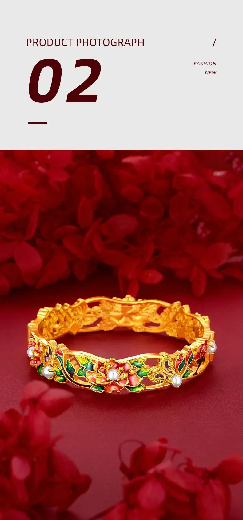 9999 Real 100% Gold 24K Yellow Gold Vintage Enamel Peony Flower Cuff Bracelet for Women Bangles Wedding Fine Jewelry