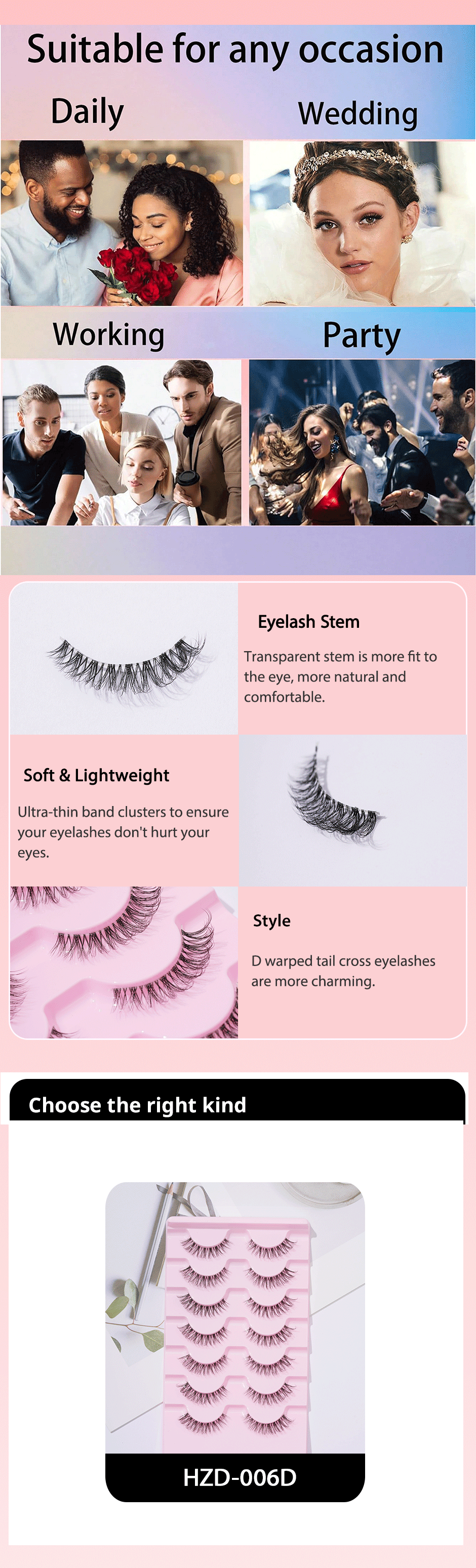 7 Pairs of Natural D Curled Transparent Stem Crossed False Eyelashes